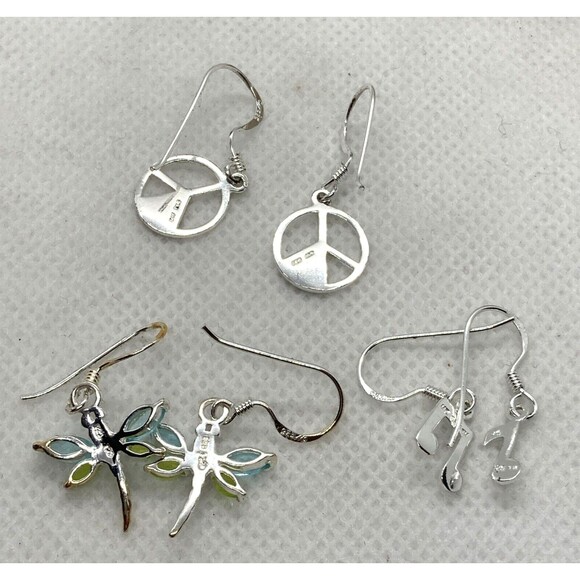 Lot of 3 Pairs Silver Tone Dangle Drop Pierced Earrings Dragonfly‎ Music Peace - Picture 6 of 11